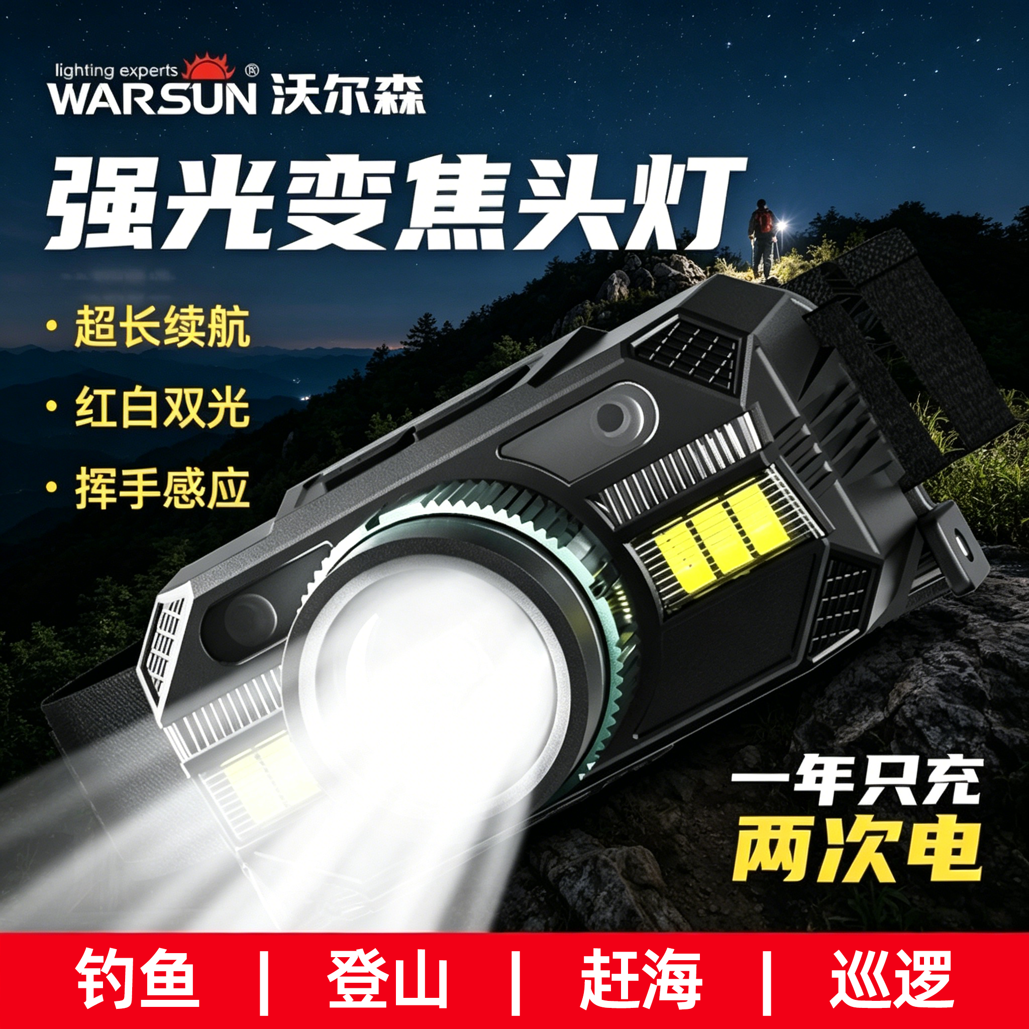 沃尔森WD09变焦感应头灯强光超亮夜钓鱼专用充电超长续航头戴式