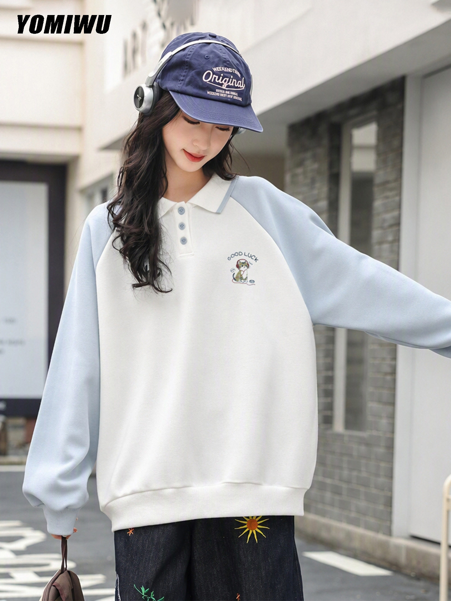 2026新款春秋装女童少女初高中生女孩学院风宽松拼色Polo领卫衣