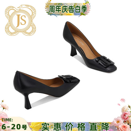 胎牛皮方扣细跟黑色高跟鞋