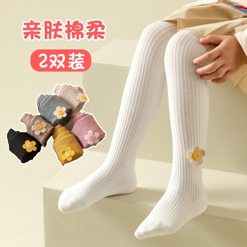 女童孩连裤袜子春秋季儿童针织薄棉款花朵公主宝宝白色舞蹈打底裤