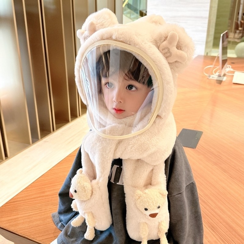 宝宝帽子冬骑行保暖毛绒帽男女童面罩儿童围巾手套一体帽防风护耳