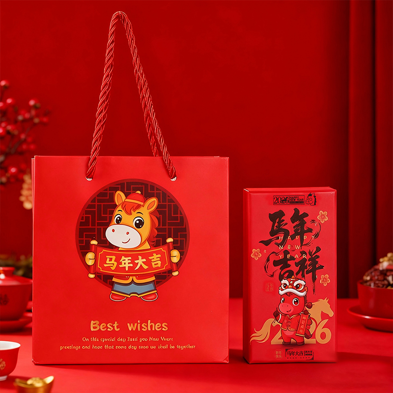 新款马年礼盒马上有钱生肖马新年快乐礼盒套装礼品盒包装高档礼袋