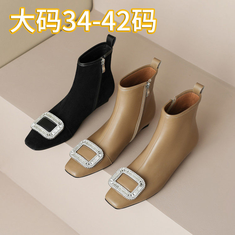 大码方头粗跟短靴女水钻方扣羊反绒侧拉链时装靴通勤风