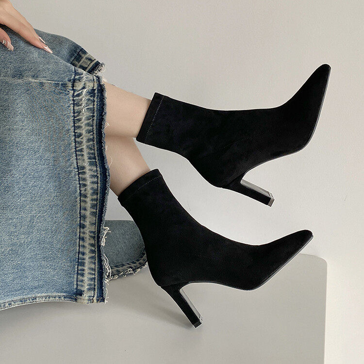 荔枝夫人尖头粗跟橡胶底袜靴女春秋弹力显瘦中筒靴