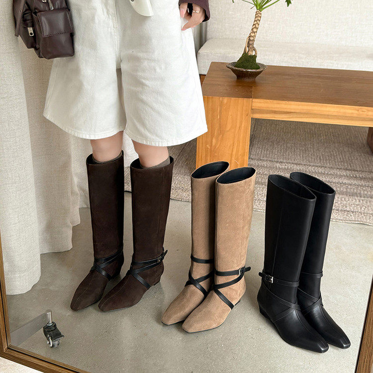 荔枝夫人方头坡跟发泡鞋底四季通用靴子女款复古百搭时装靴