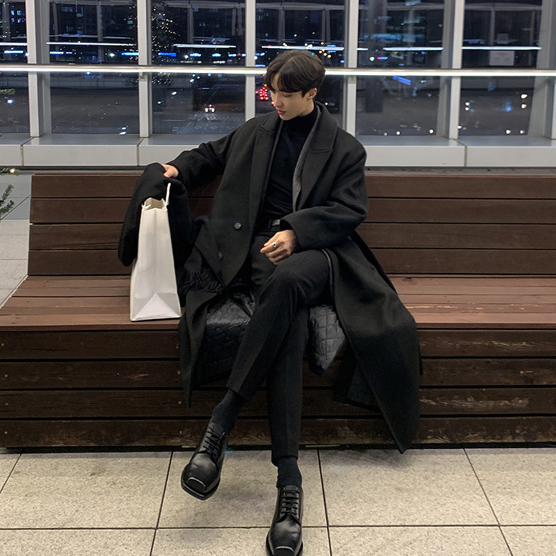 AUTUMN AND WINTER WOOLEN COAT MENS THICK WINDBREAKER MID-LENGTH OVER-THE-KNEE KOREAN NON-SIDED CASHMERE WOOLEN COAT TREND