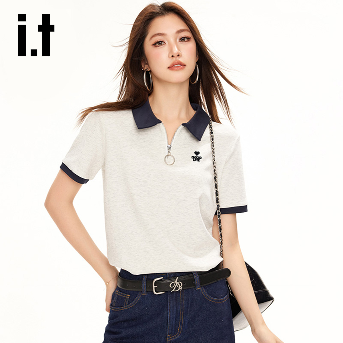 it:CHOCOOLATE夏季新款女款字母花朵拼色翻领POLO衫短袖T恤女