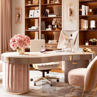 办公桌轻奢高级感老板桌 女士总裁办公桌 粉色书桌 2米办公桌定制