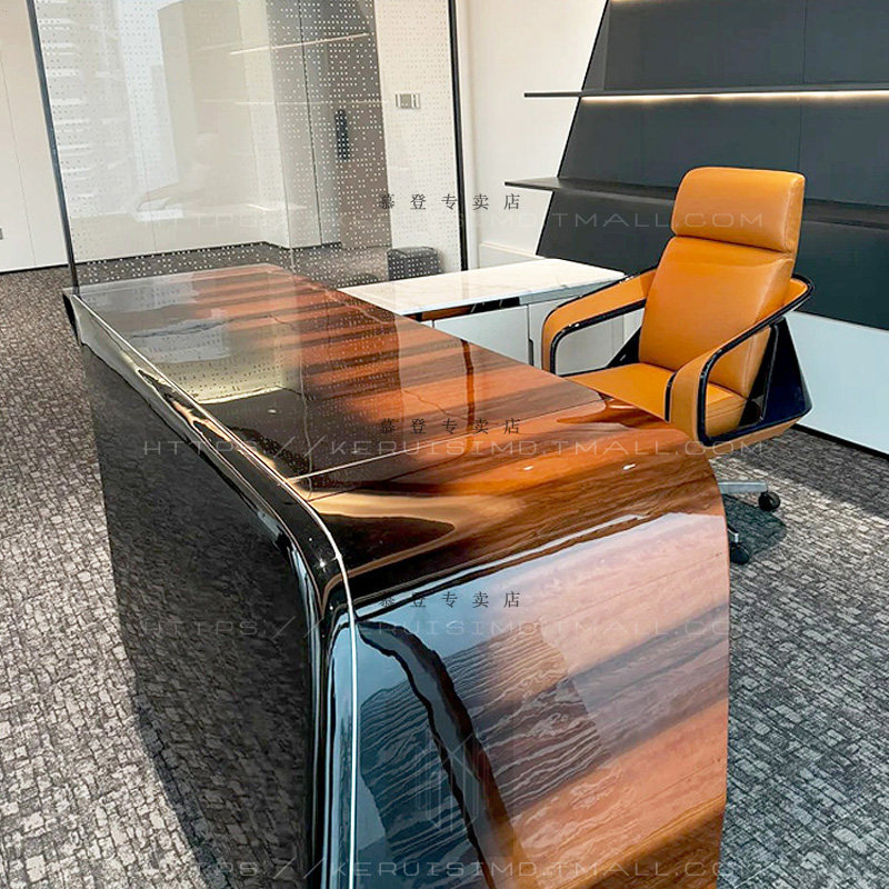 现代轻奢大班桌 钢琴亮光烤漆大班台 高端大气老板桌带副柜可定制