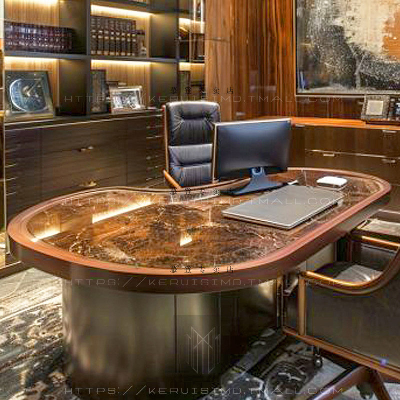 现代轻奢大班台 异形办公桌 弧形老板桌 钢琴烤漆大班桌 树瘤木皮