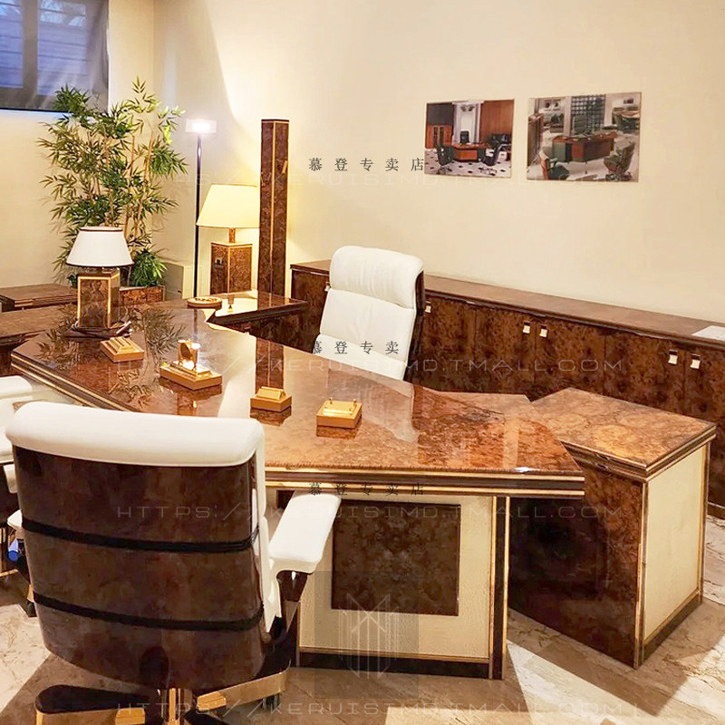 高端大气总裁桌 树瘤木皮办公桌钢琴烤漆老板桌 组合办公桌带储物