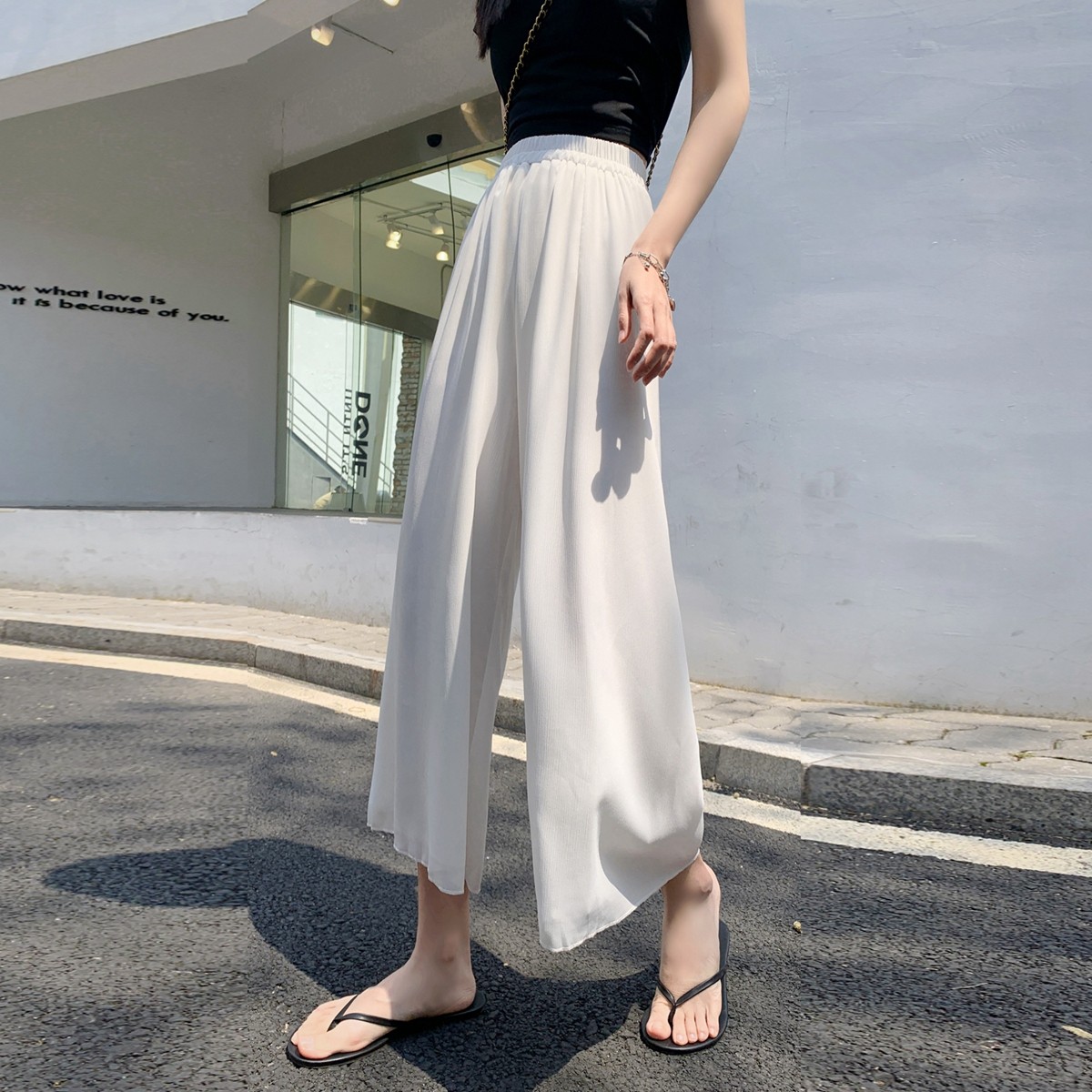双层雪纺九分阔腿裤女夏季薄款高腰垂感白色显瘦休闲七分宽腿裙裤