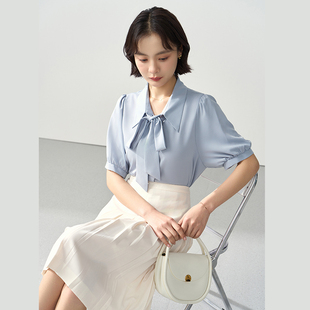 伯德小姐蓝色短袖衬衫女夏季教师穿搭雪纺正装上衣面试职业装衬衣