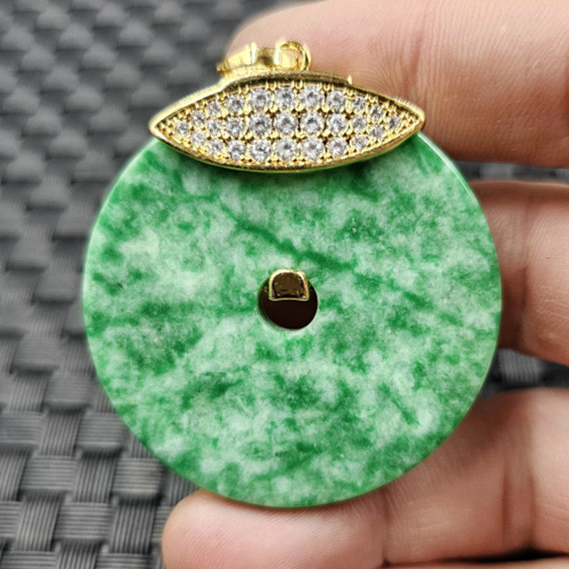 包邮翡翠干青平安扣玉石挂件祖母绿白底青平安扣吊坠玉璧项链坠