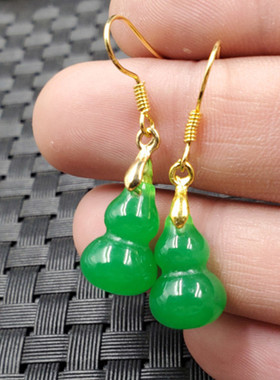 新款天然玉石碧绿色葫芦耳环石英岩玉立体葫芦耳坠玉葫芦耳环耳饰