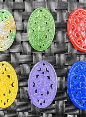 玉石挂件鸡血红花开富贵吊坠碧绿色石英岩玉镂空吊坠彩色耳环吊坠