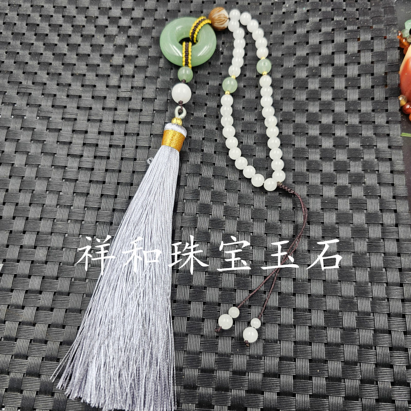 包邮东陵玉平安扣汽车挂件草绿色平安环玉石车挂新疆白玉圆珠车挂