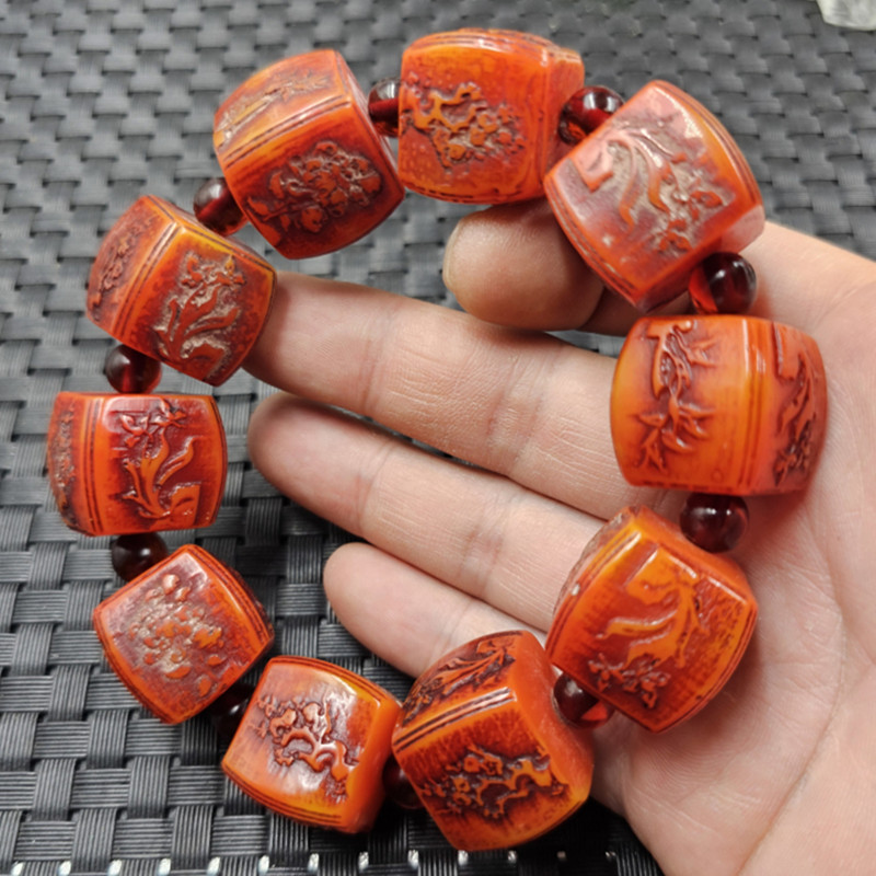 人造蜜蜡梅兰竹菊路路通手链橘红色蜜蜡方形桶珠手链男女同款手串