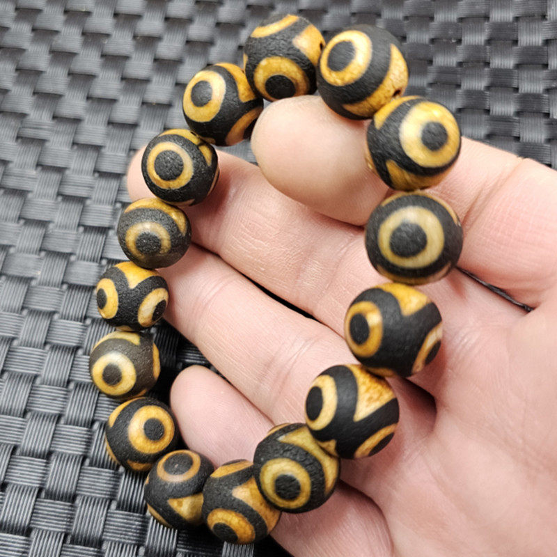 黑黄三眼天珠玉石手链14毫米玛瑙包浆手链男女同款复古手链玉手串