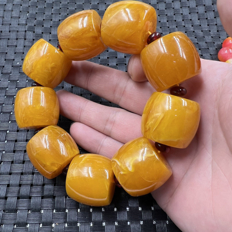 包邮姜黄色蜜蜡圆珠手链人造蜜蜡路路通手链老蜜蜡桶珠手串