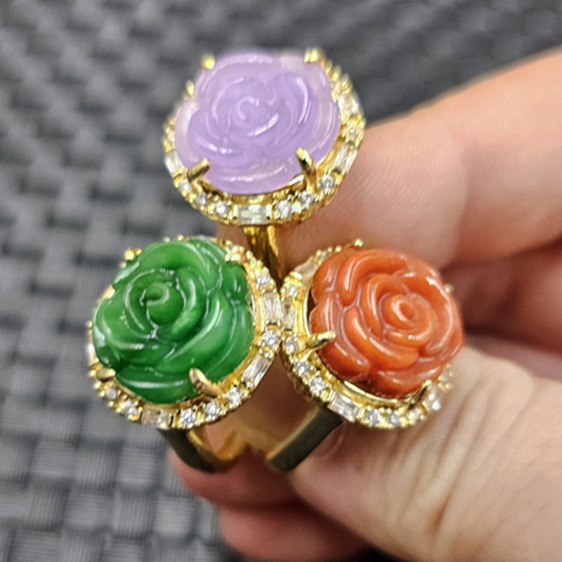 优化翡翠玉干青玫瑰花玉石戒指紫罗兰红翡花朵活口戒指工艺饰品