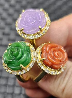 优化翡翠玉干青玫瑰花玉石戒指
