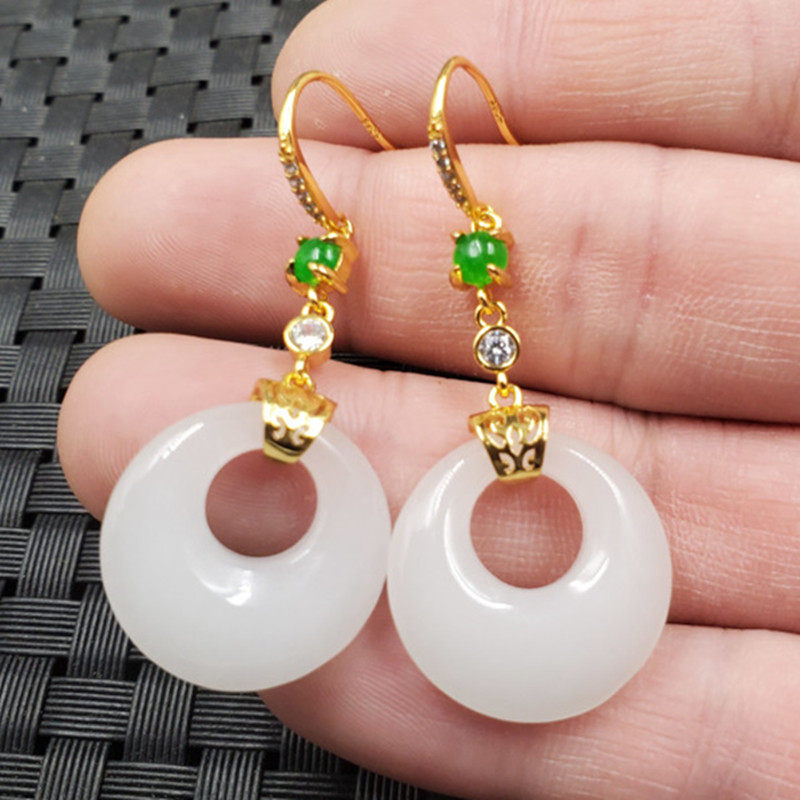 玉石耳环925银镶嵚和田白玉平安扣耳环金丝玉公主扣耳环白玉耳坠