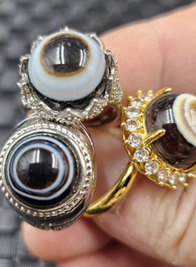 黑白玛瑙一眼天珠玉石戒指复古