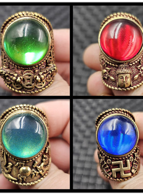 红钢石圆形戒指粉色红色黄色宝蓝色大号戒指龙凤万字佛头仿古戒指