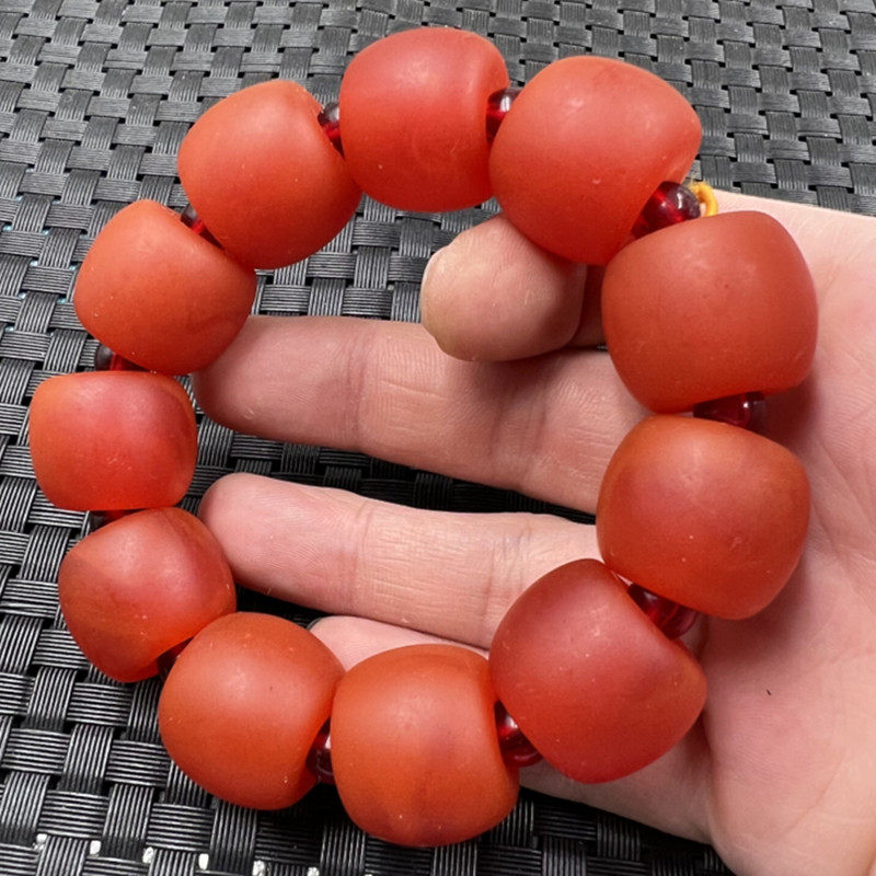 荧光浮盐水蜜蜡桶珠手链二代老蜜蜡鼓型手链橘红色路路通手链手串