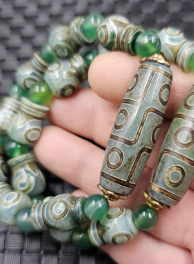 绿九眼天珠路路通玉石手链三眼