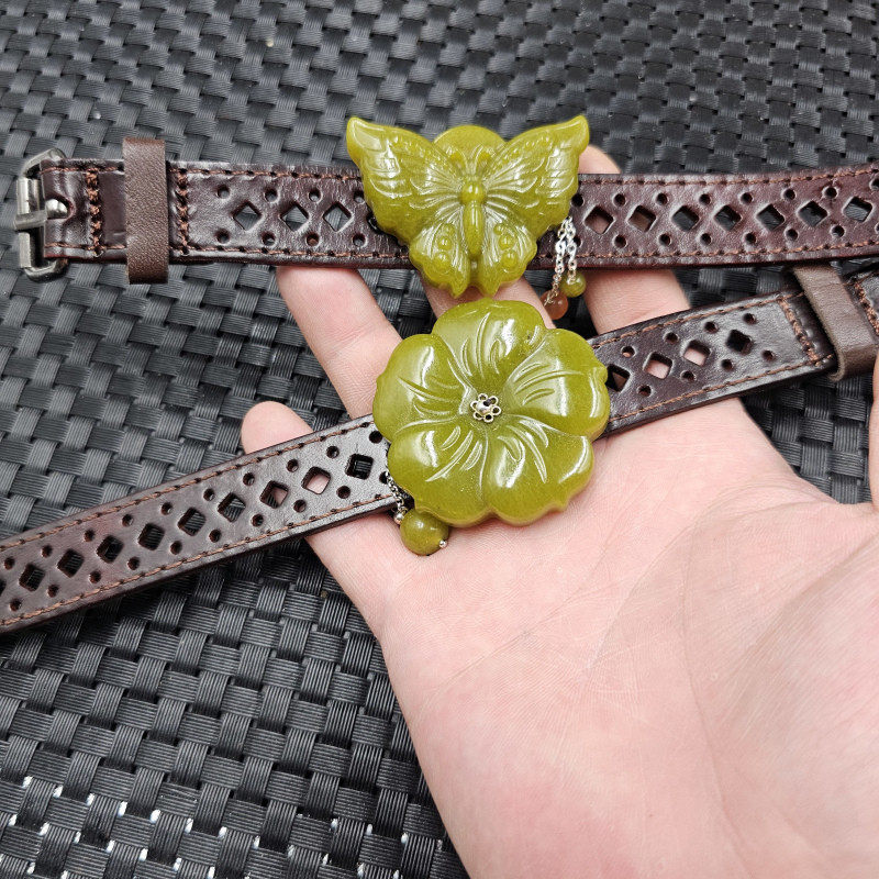 黄岫玉蝴蝶玉石手链黄金岫玉牡丹花手排玉石手镯玉手环手饰