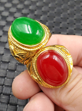 天然玉石绿色石英岩玉戒指鸡血红蛋面戒指大展宏图戒指玉石戒指