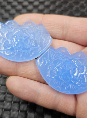 海蓝宝牡丹花玉石挂件蓝色石英岩玉锁牌吊坠项链珠玉牌子玉坠