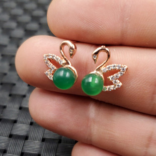 祥和珠宝碧绿色圆珠耳钉玉髓玛瑙天鹅耳钉玉石耳钉饰品耳坠玉耳钉