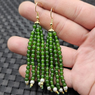 台湾碧玉圆珠玉石耳环碧绿色石英岩玉圆珠耳坠菠菜绿耳饰女款耳环