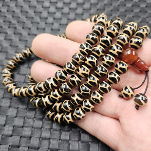 牙黄龟甲天珠圆珠玉石手链黑玛瑙8毫米108颗多圈手链佛珠手饰手环