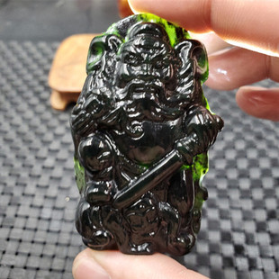 新款精美天然玉石a货新疆墨玉钟馗挂件墨绿蛇纹石玉钟馗吊坠玉牌