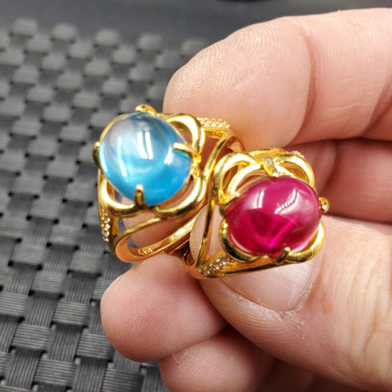 时尚百搭冰种红钢石戒指天蓝色戒指石榴红椭圆在戒指活口戒指指环