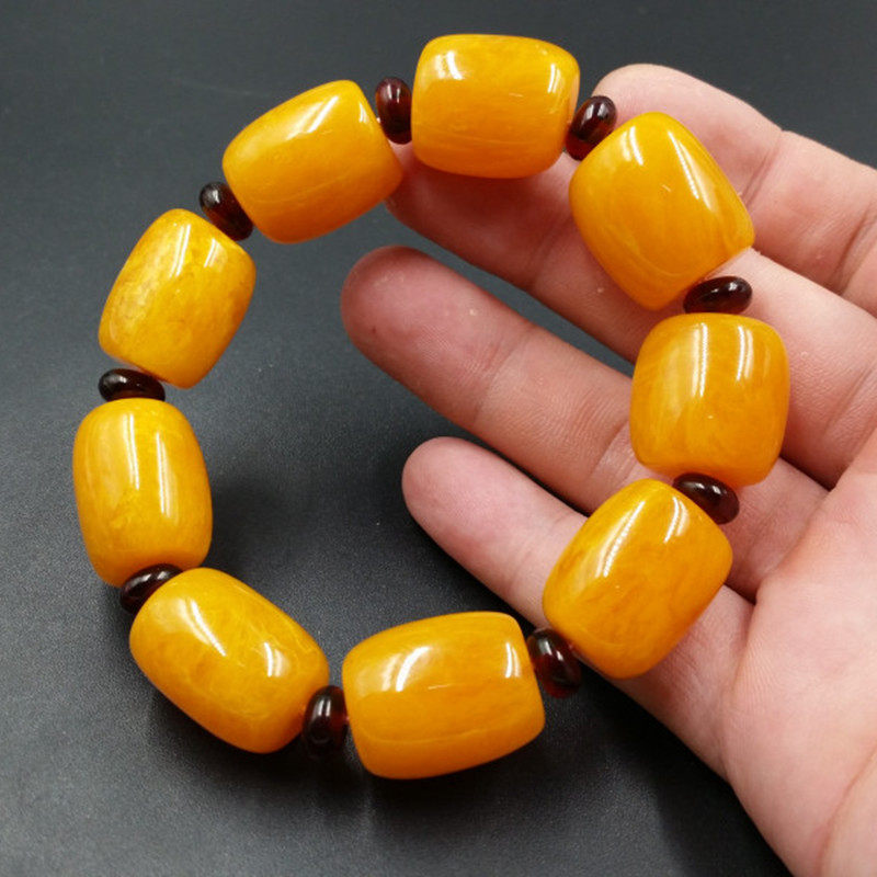 高档精美二代荧光蜜蜡路路通手链鸡油黄蜜蜡桶珠手链蜜蜡手串