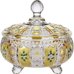 捷克珐琅花工艺水晶玻璃糖缸客厅卧室摆件带盖干果零食大小号果碗