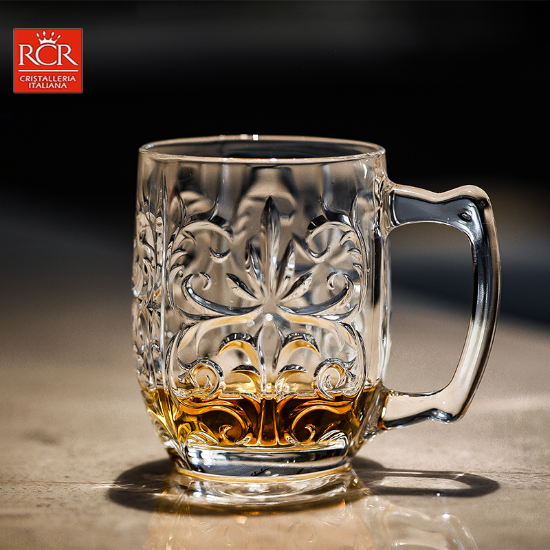 意大利进口RCR欧式高档水晶玻璃啤酒杯子带把覆古刻花大容量水杯