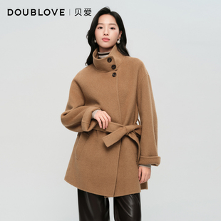 DOUBLOVE贝爱官方收腰毛呢大衣 骆驼绒驼毛一手长立领外套 26冬新