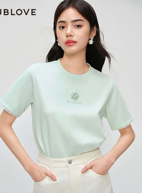 【清爽花朵T恤】甜美圆领上衣蕾丝拼接DOUBLOVE贝爱2025夏季新款