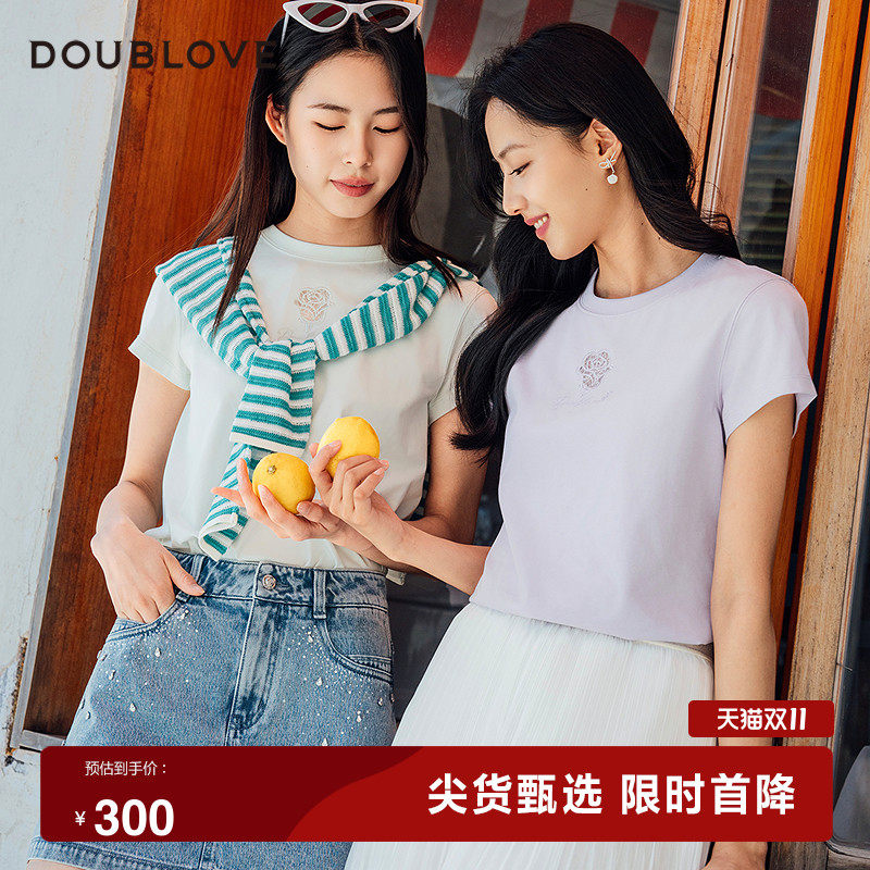【多巴胺玫瑰T】简约刺绣T恤圆领短袖DOUBLOVE贝爱25夏新款