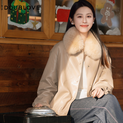 【复古巴恩风】PU蛋白皮夹克式羽绒服DOUBLOVE贝爱25冬季新款