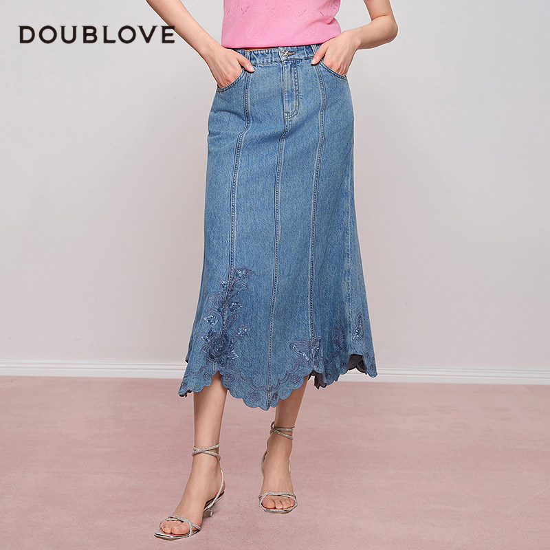 【轻中式人鱼裙】牛仔半身裙刺绣鱼尾裙DOUBLOVE贝爱2025夏季新款,女装/女士精品,半身裙,淘宝优惠券,粉丝福利购,淘宝优惠卷