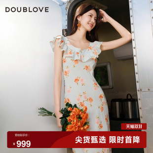 桑蚕丝印花连衣裙浪漫长裙DOUBLOVE贝爱24早秋新款 仲夏玫瑰园