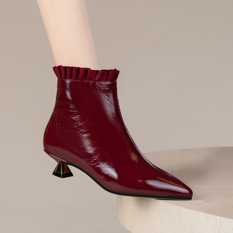 2025秋冬新款真皮尖头酒红色细跟短靴小跟中筒靴加绒低跟鞋马丁靴,女鞋,时装靴,淘宝优惠券,粉丝福利购,淘宝优惠卷