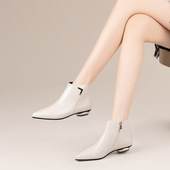 2025秋冬季 真皮尖头白色平底短靴平跟短筒加绒及踝靴单靴女靴 新款